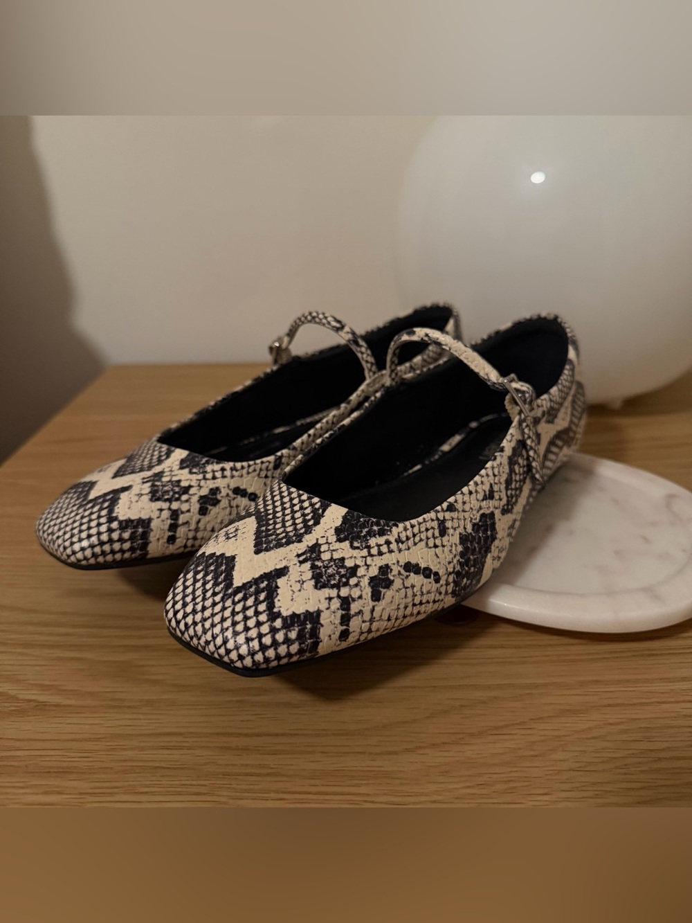 Calvin Klein Snake-Print Mary Jane Flats — Black & Cream